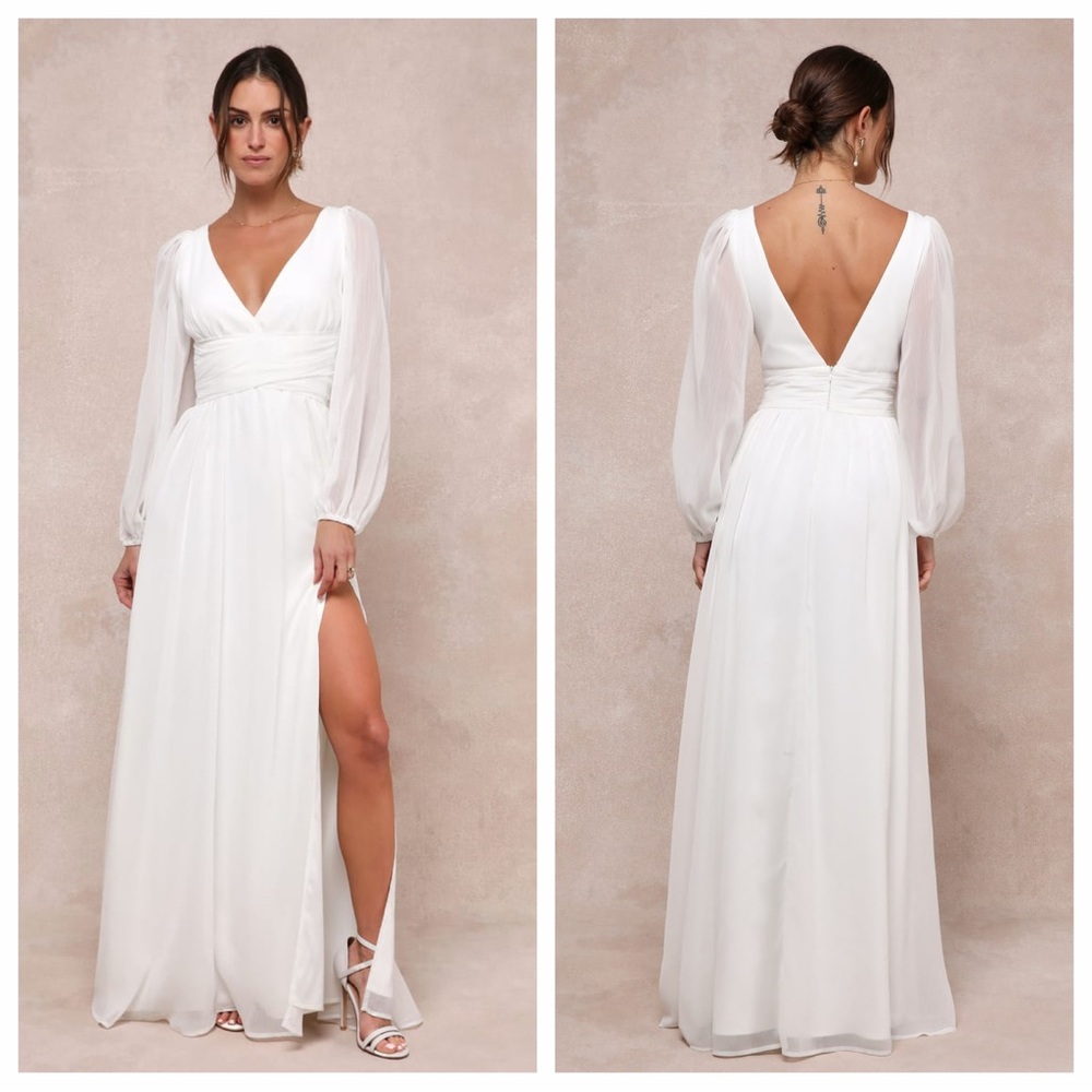 Lulu's Enchant My Love White V-Neck Long Sleeve Maxi Dress